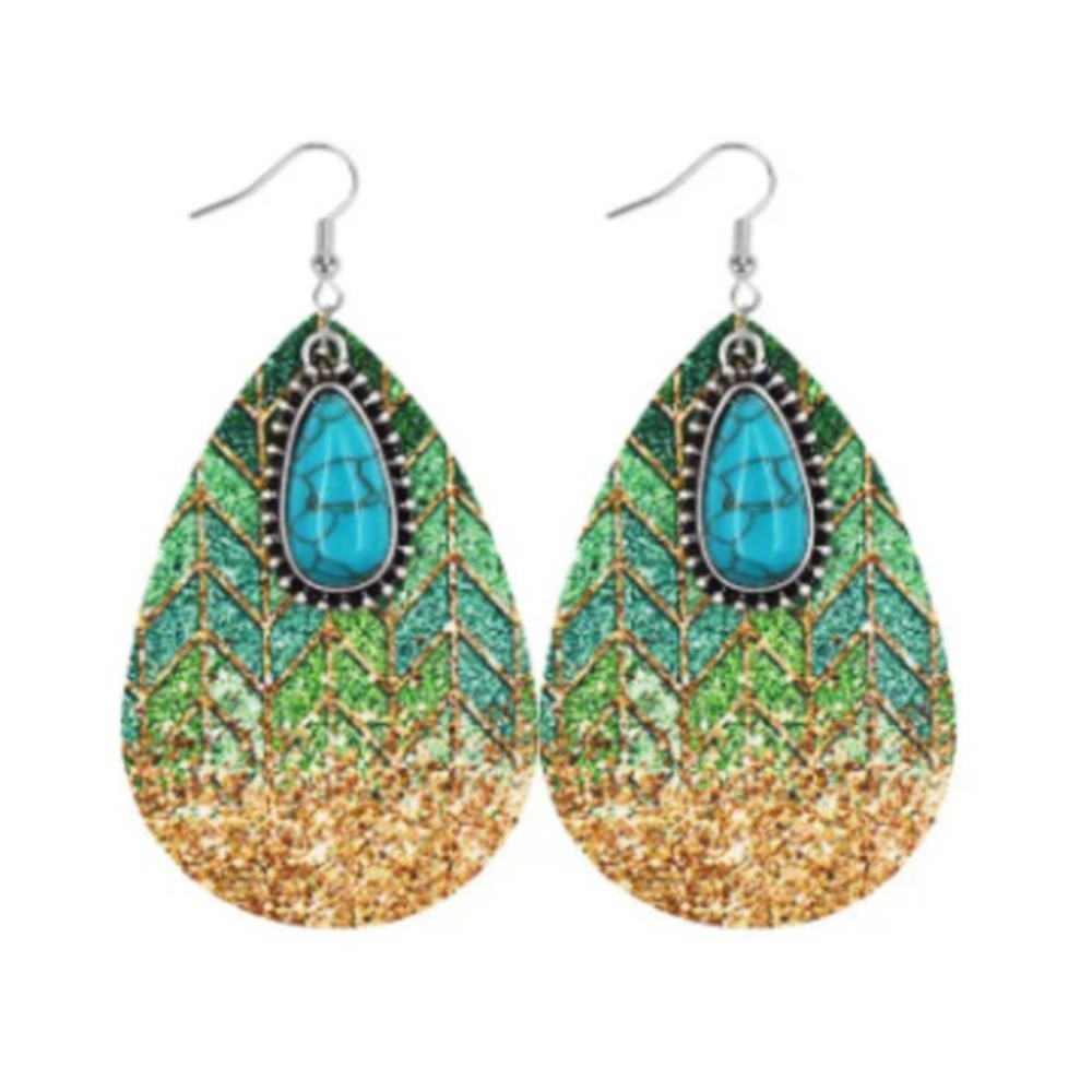 Bohemian Pine Stone Teardrop Earrings Colorful Charms Green Blue Tan
